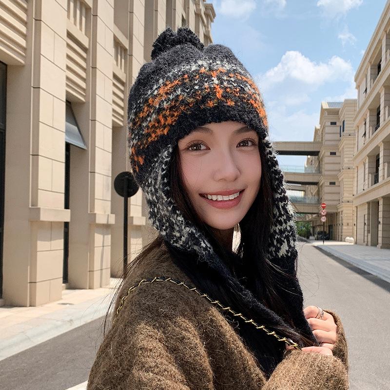 Literary belted knit cap Women's fall and winter retro ethnic wind Hundreds of anti-cold package ear head cap