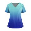 Women's Fashionable Printed V Neck Double Pocket Short Sleeved Shirt With Slit Hem Uniform And Worker Top
