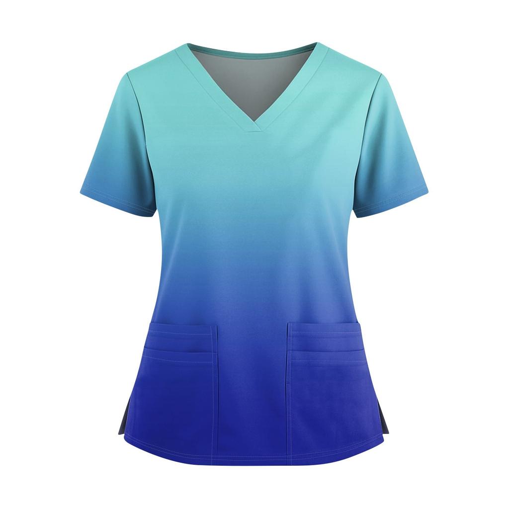 Women's Fashionable Printed V Neck Double Pocket Short Sleeved Shirt With Slit Hem Uniform And Worker Top