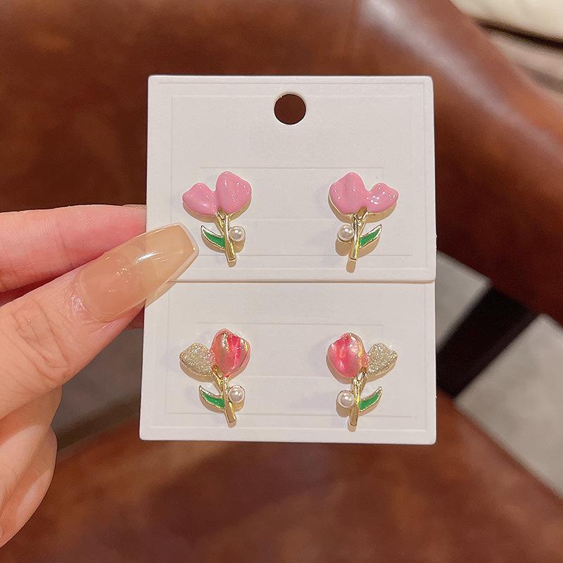 Charming Pink Oil-Drop Tulip Earrings with S925 Silver Posts