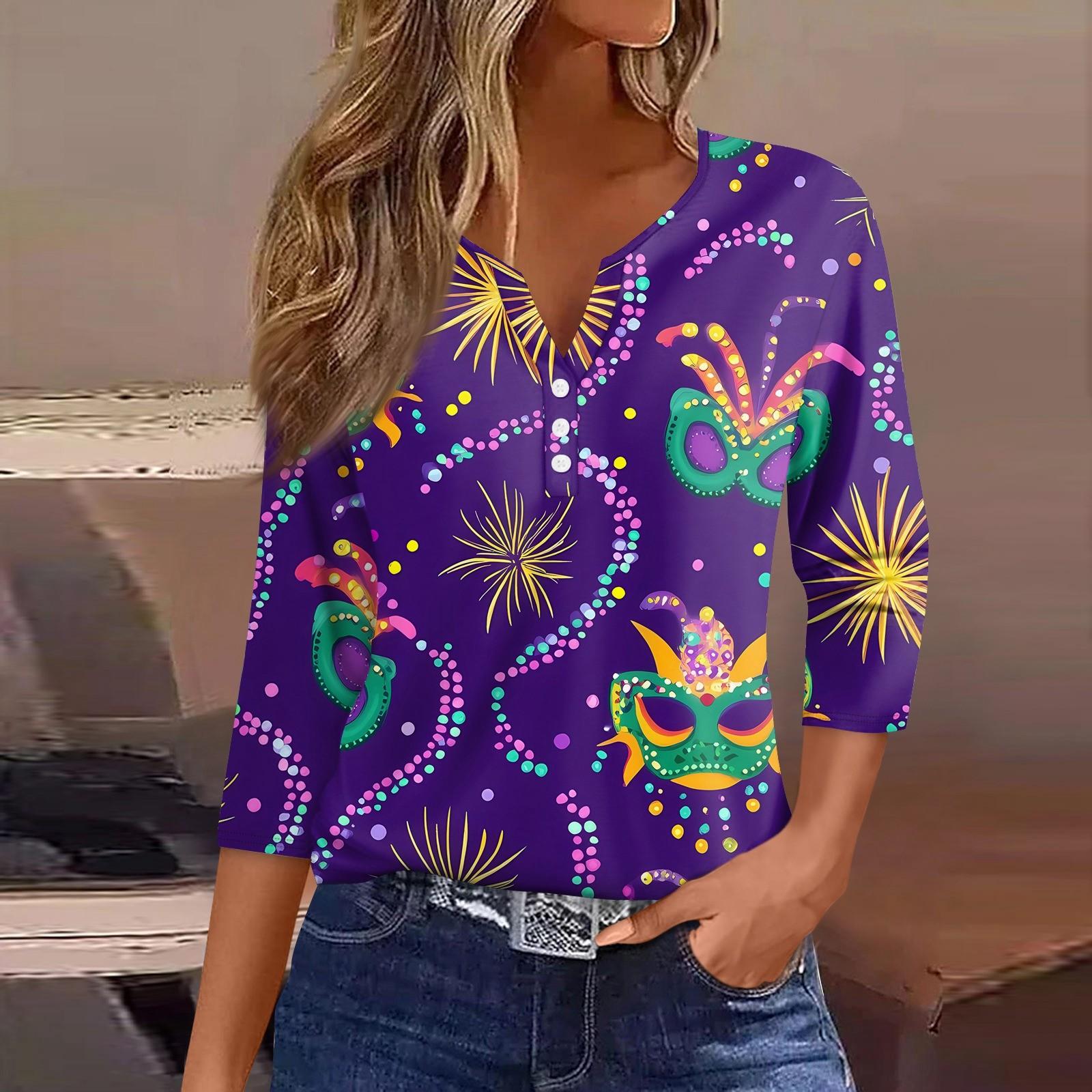 

Жен. Футболка С принтом Пуговицы Рукав 3/4 Повседневные Выходные Мода Классический Классический V-образный вырез Обычный Верх XXXL фиолетовый