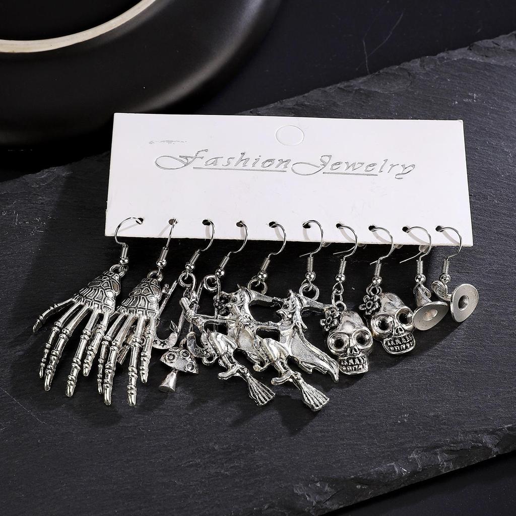 5-Piece Halloween Silver Spider, Skull, Pumpkin Earrings