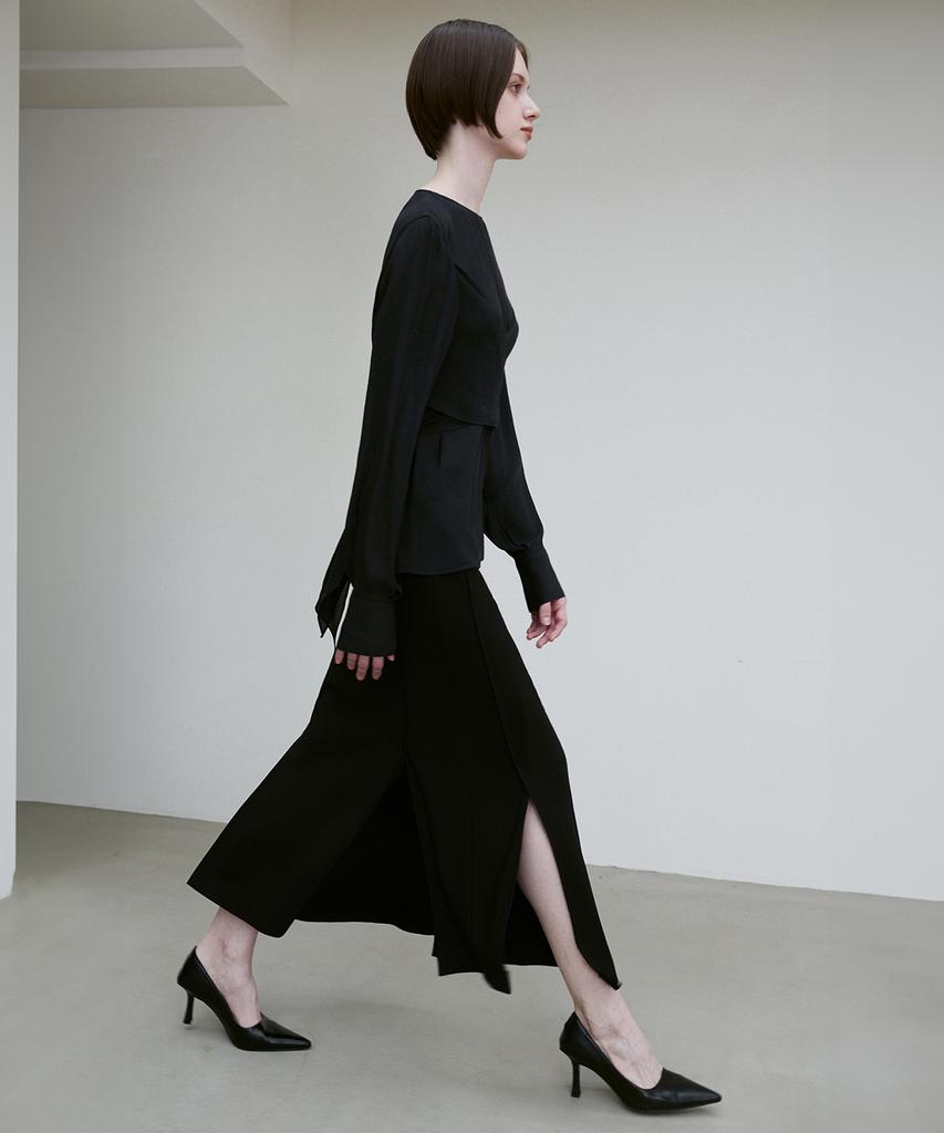RE RHEE Pleated Wrap-Around Blouse Black