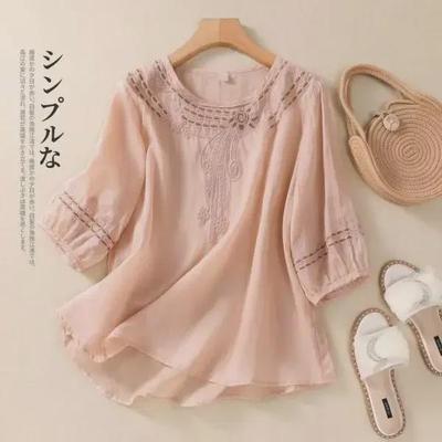 2024 Spring/Summer Loose-Fit Retro Embroidered Cotton Linen Half-Sleeve Shirt for Women