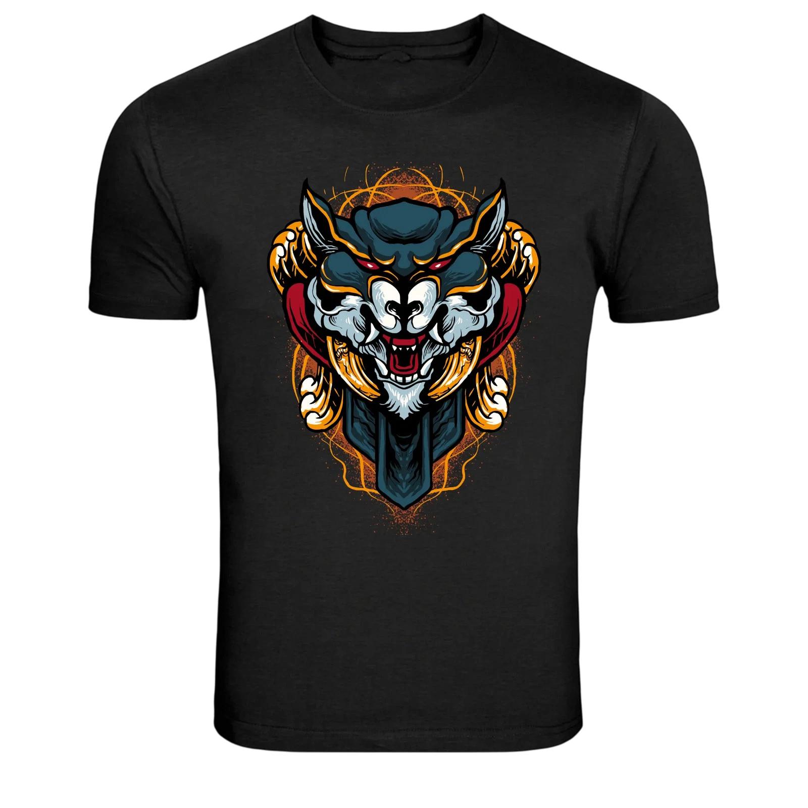 Fierce Panther Samurai Mask Graphic T-Shirt Japanese Style Warrior Cat Tee XL