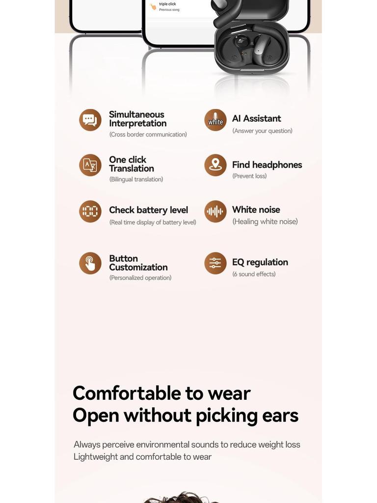 2025 AI Translation Wireless Bluetooth Earbuds with Ear-Hook, Noise Reduction, Long Battery Life, Comfortable for Extended Wear