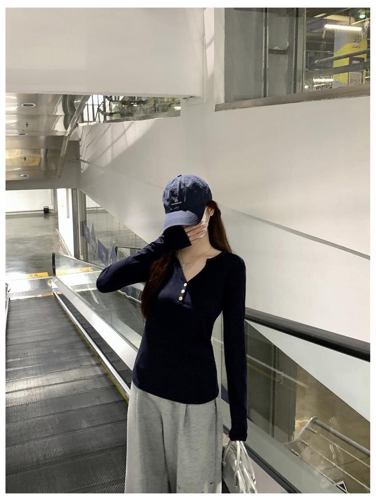 Lässiges V-Ausschnitt Langarm Hemd mit Knöpfen für Damen