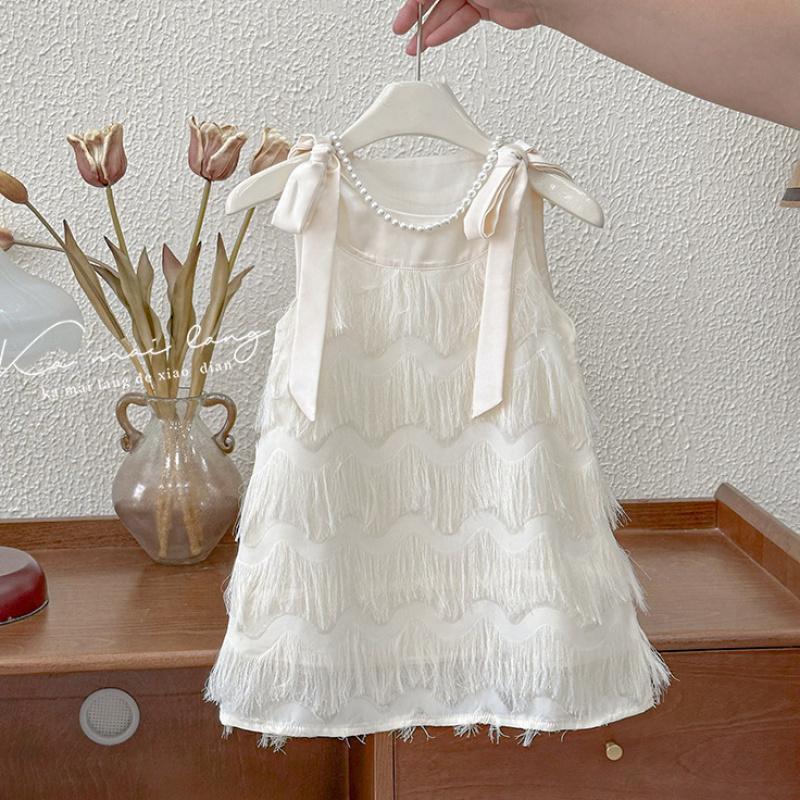 Summer Girls Dress New Style Baby Girl Suspender Tassel Dress Bow Princess Dress 90cm белый