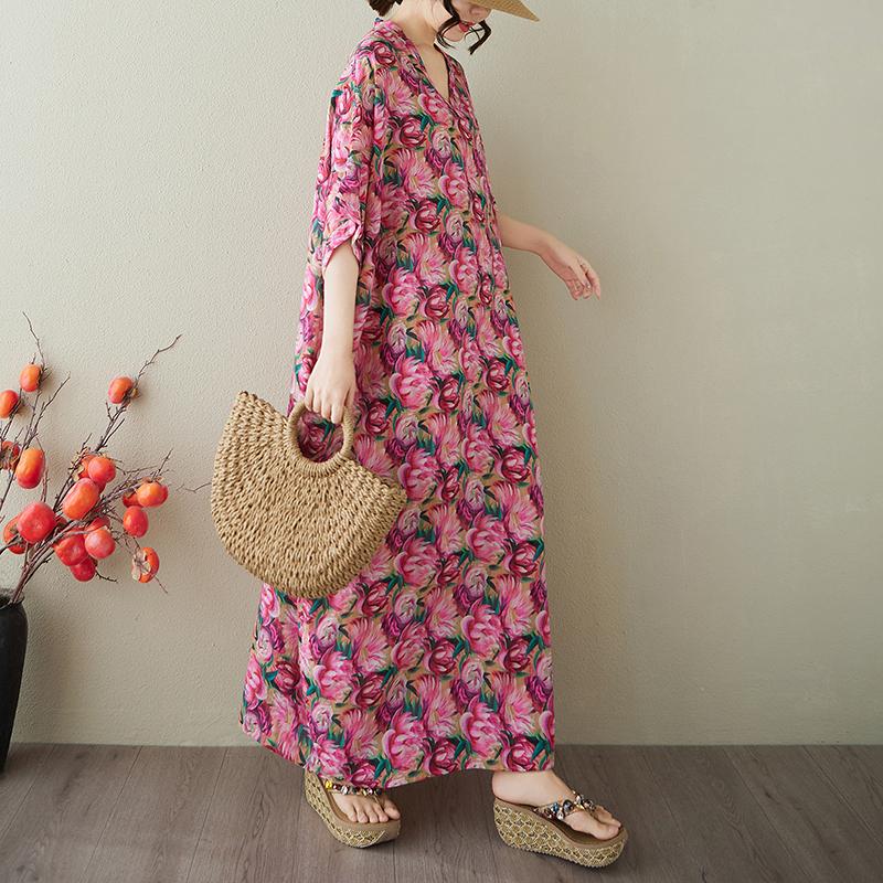 

DIMANAF 2025 Летнее платье больших размеров для женщин Повседневное винтажное платье-рубашка с V-образным вырезом Свободное базовое платье с принтом One size