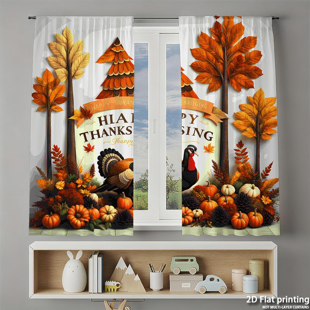 Piece Set High Definition Digital Printed Curtainsthanksgiving Autumn Colors Leaves Turkey Pumpkins Decorative Elementshome Curtain Polyester
