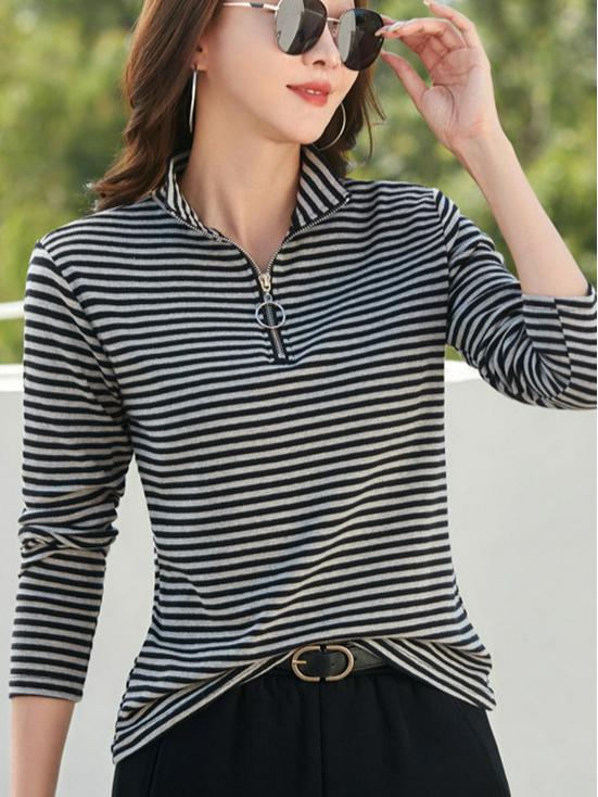 Women's Striped Pure Cotton Long Sleeve T-Shirt, Autumn/Winter 2025, Fashionable Slimming Base Layer with Zippered Stand Collar