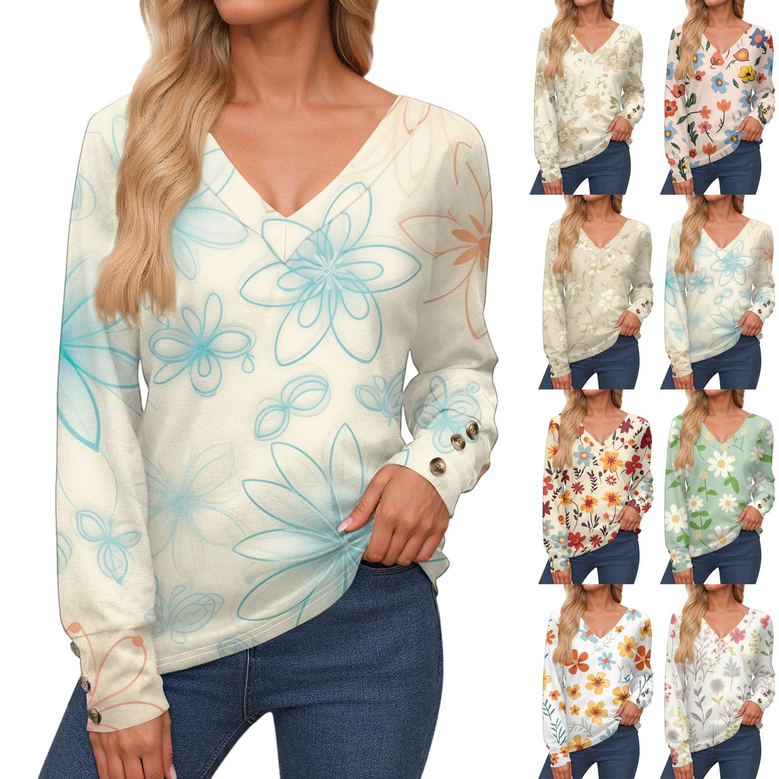 

Women s Tops Long Sleeve Cuffs Button-Up Shirt V-Neck Casual Loose Tee Floral Tops S