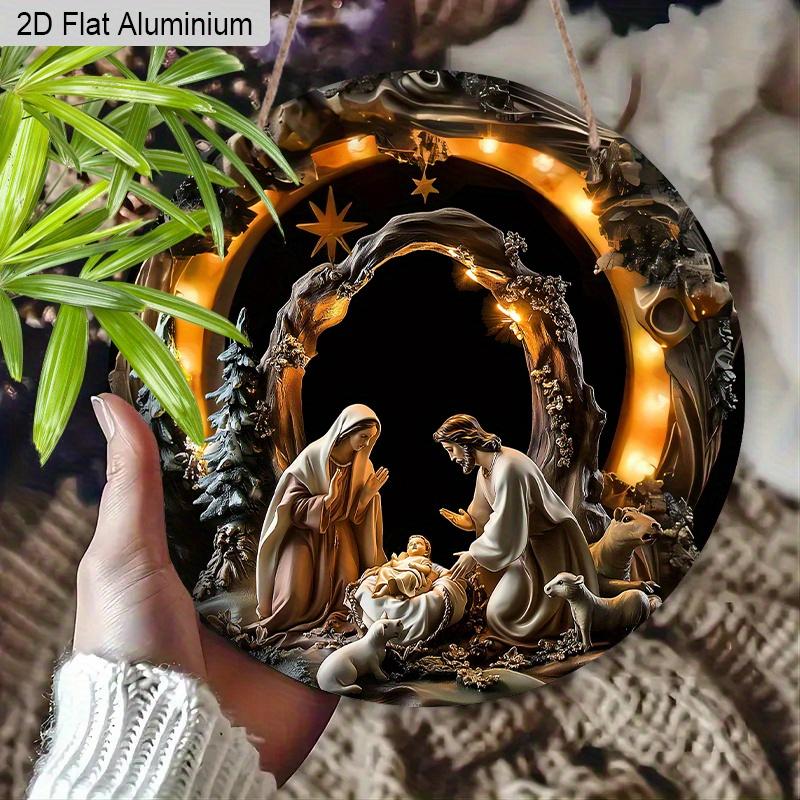 2D Flat Aluminium Nativity Christmas Sign - Holy Night Figurine Ornaments with Jesus - Aluminium Manger Sign - Ideal for Front Door, Wall, Porch