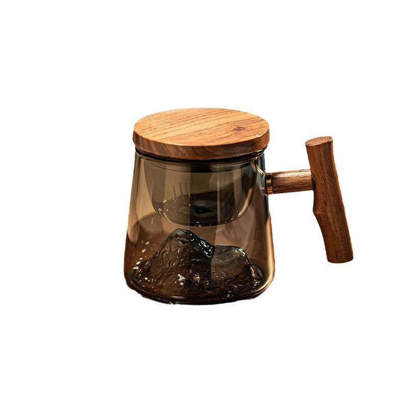 Office Men and Women High Temperature Resistant Glass Green Tea Cup Wooden Tea Water Separation Glass Brew Tea Cup Mountain View Glass Cup