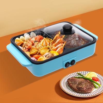 Panela Quente Elétrica de Aço Inoxidável com Grelha, 110V Azul Panela Quente Elétrica e Frigideira Autônoma 29*22*11cm para Churrasco, Fritar
