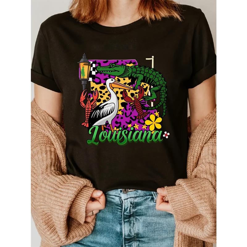 European Size Women s Black Louisiana State Pride T-Shirt-Vintage Leopard Print &Cajun Bayou Graphic Tee, Breathable Casual Crew Neck Short Sleeve Top S чёрный