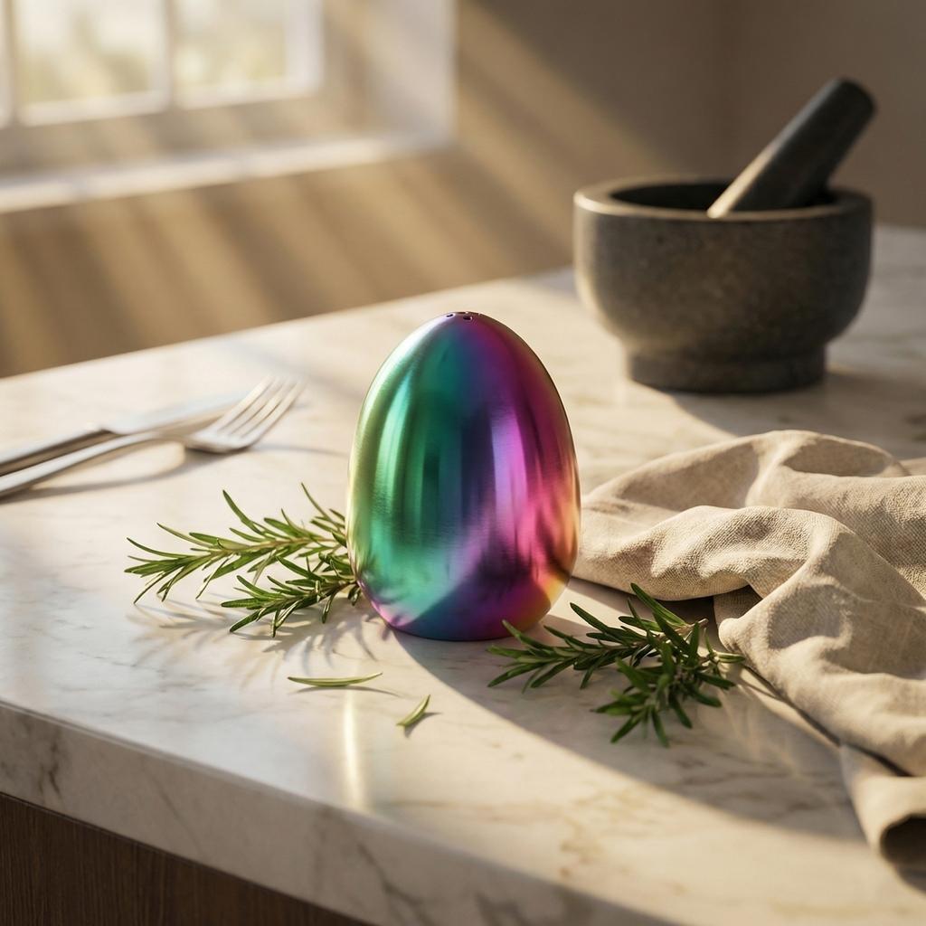 Gewürzflasche/Gewürzglas aus Edelstahl in kreativer Eiform