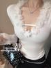 Threaded Plush White Puff Sleeve Lace V-Neck Long-Sleeve Slim-Fit Women's T-Shirt for Autumn/Winter