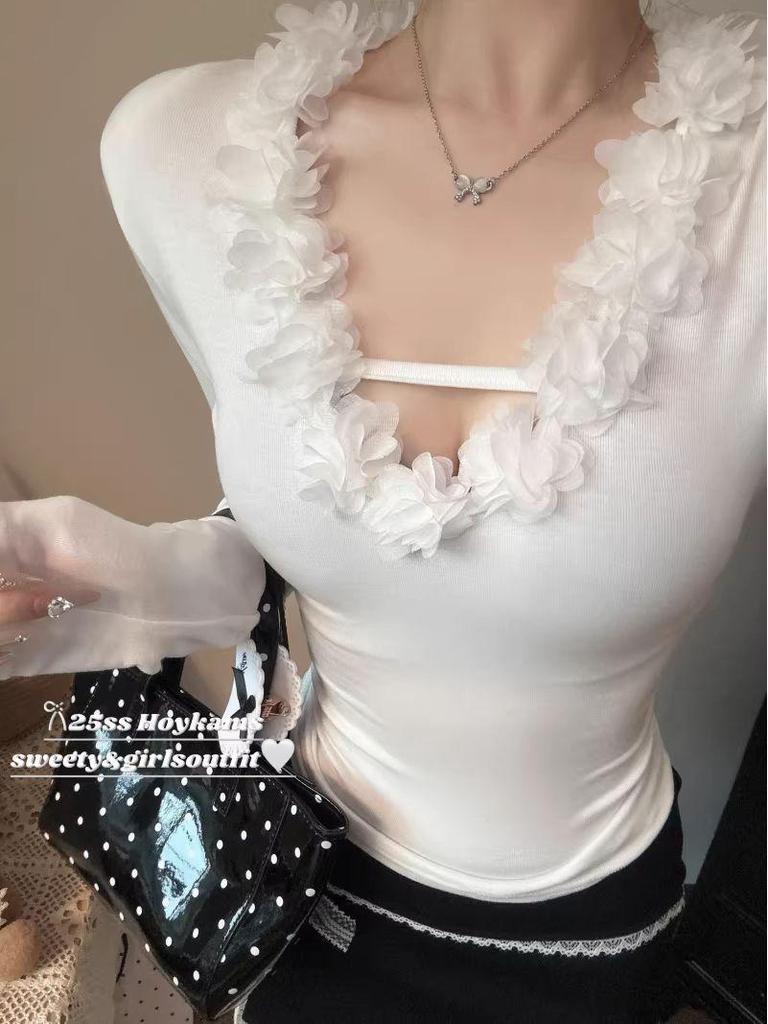 Threaded Plush White Puff Sleeve Lace V-Neck Long-Sleeve Slim-Fit Women's T-Shirt for Autumn/Winter