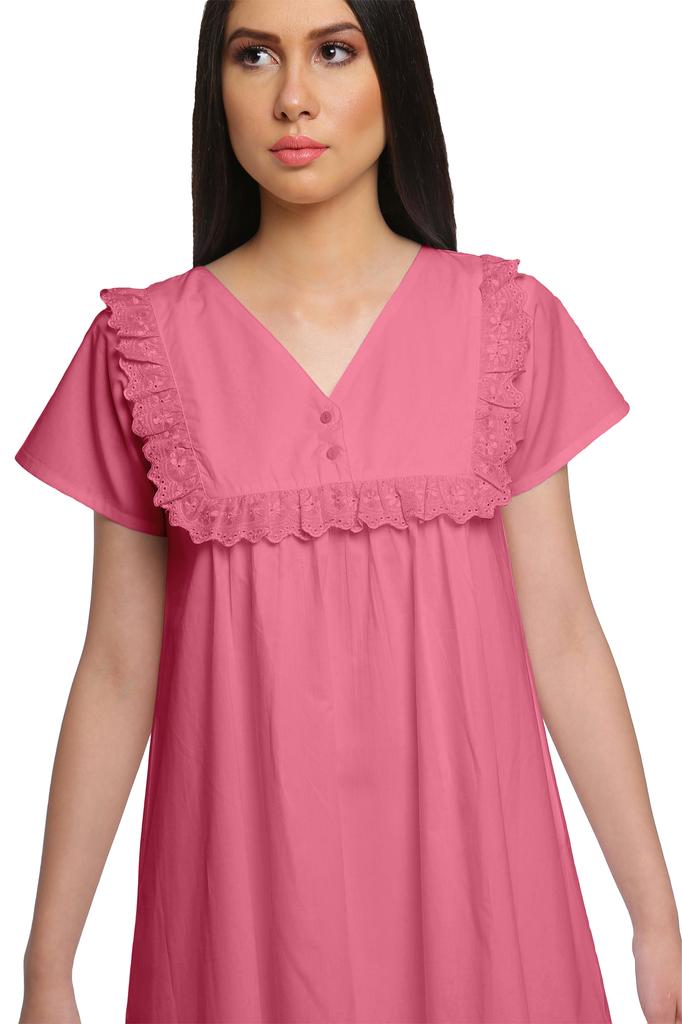 Moomaya Solid Short Sleeve Nightdress For Ladies Button Placket Nightwear