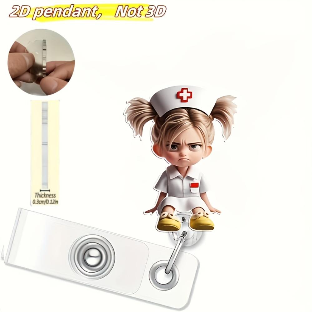 2D Flat Acrylic Cartoon Nurse & Doctor Card Holder, Retractable Badge Reel, Hospital ID Badge & Chest Pin for Doctors & Nurses
