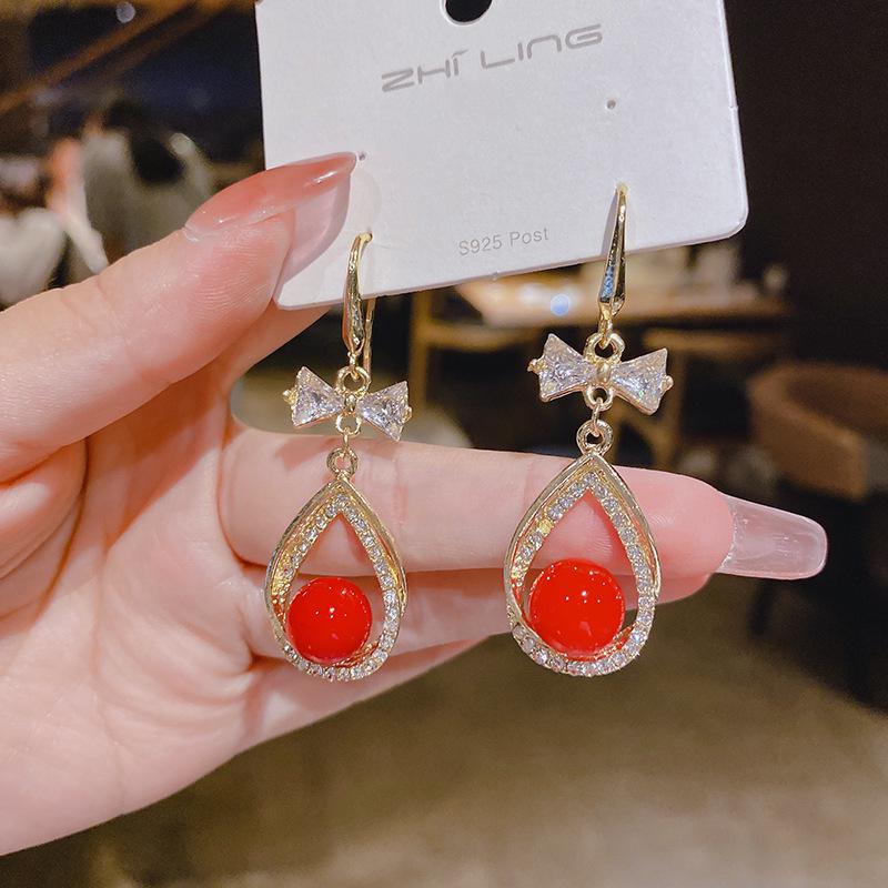 2024 Trendy Water Drop Diamond & Red Bead Pearl Earrings for Women