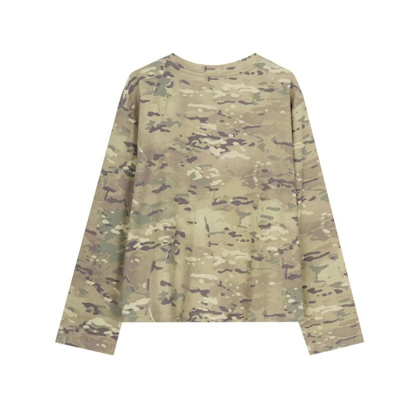Magic Bear Vintage Camo Long Sleeve T-Shirt Waffle Knit Casual Top Retro Campus Tee