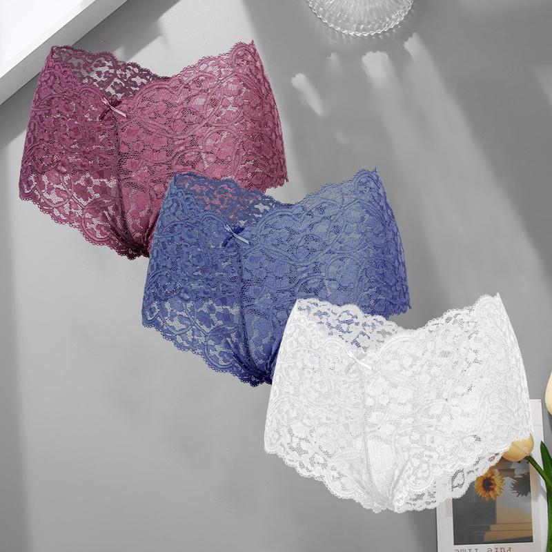 3Pcs/Set Sexy Lace Bowknot Boxer Shorts For Women Seamless Hollow Out Perspective Boyshort Female Sport Breathable Lingerie S-XL