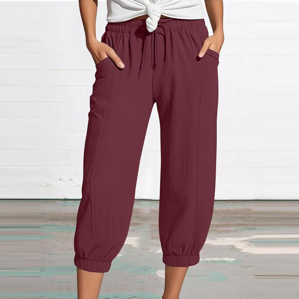 Women's Summer 3/4 Trousers  Summer Trousers With Pockets Causal Loose Trousers Fabric Trousers Sport Leisure Beach Trousers