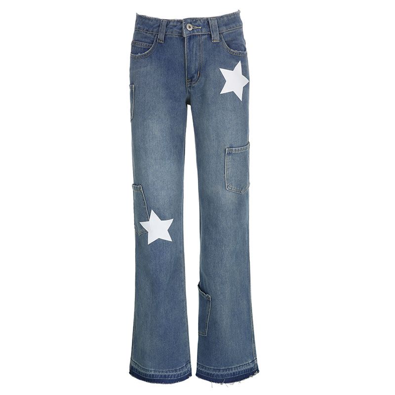 

Fashion 2024 Summer New Arrival Women s Clothing High Waist Straight-leg Pocket Washed Old Five-Pointed Star Print Patchwork All-Matching Jeans Blue S