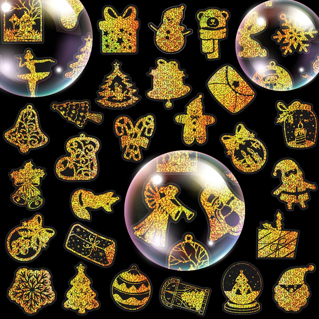 100 PCS Holographic Christmas Stickers - Gold PET Decals for Gifts, Journals, Glass Decor