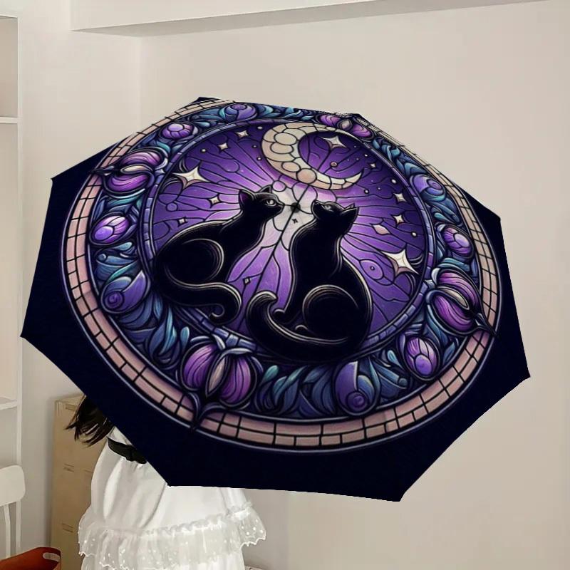 1pc Stained Glass Cats Moon Night Umbrella with Plastic Handle,Suitable for All Seasons Home Travel Outdoor UmbrellaDD063