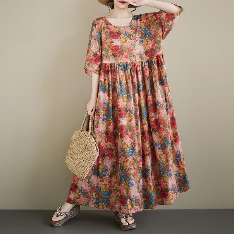 DIMANAF New 2026 Summer Beach Women Plus Size Lady Long Dress Loose Oversize Maxi Fashion Floral Print Cotton