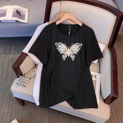 Butterfly Print Short Sleeve for Women Solid Basic Crew Neck Loose T-shirt Summer Casual Fashion Breathable Lightweight Work Vacation Plus Top