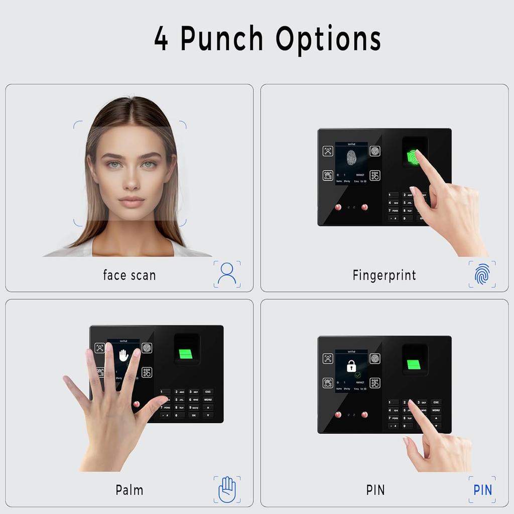 Employee Time and Attendance Machine, Supports Facial/Fingerprint/Palm/Password Recognition