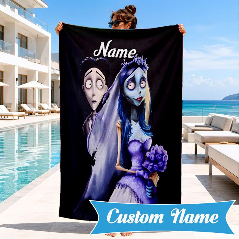Custom Name Corpse Bride Art Heart In Space Adventure Microfiber Beach Towel, Lightweight for Summer Travel, Swimming Pool Fan Gift
