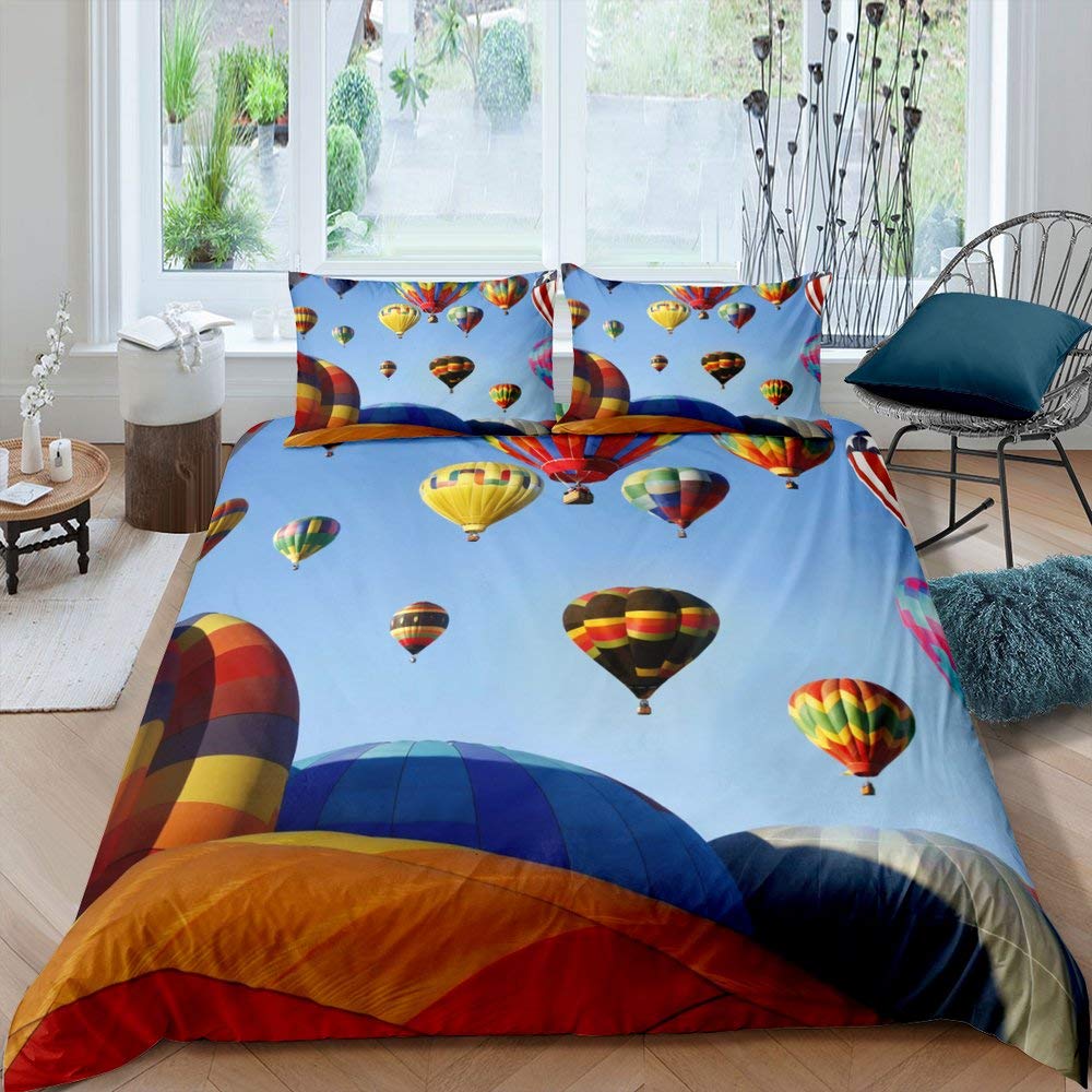 Hot Air Balloon Comforter Cover Set Vintage Bedspread Cover for Kids Landscape Quilt Cover Microfiber Polyester Bedding Set 3pcs