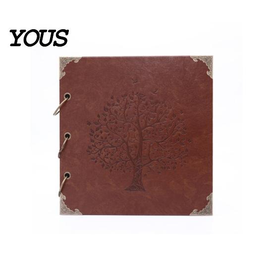Tree of Life Embossed Cover DIY Scrapbook Album, Faux Leather Black Card Photo Album with Metal Corner Guard Ring Binding, Memory Book for Journaling,