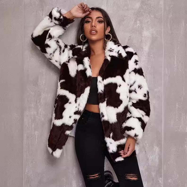 Women's Harajuku Style Black and White Cow Print Faux Rabbit Fur Coat - European and American Autumn/Winter Jacket