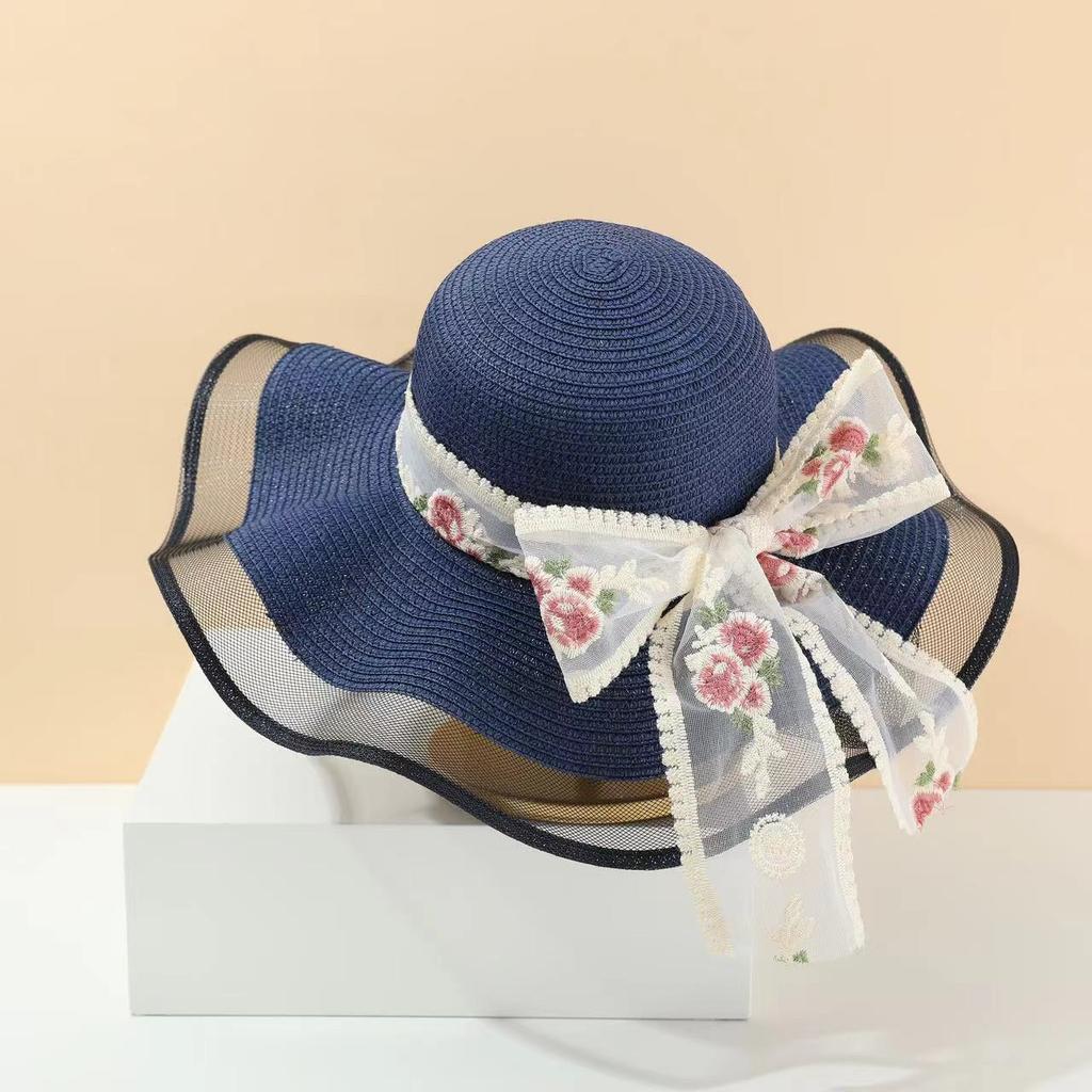 Feifei Women's Lace Sun Hat Large Brim Straw Beach UV Protection Floral Sash Summer Anti-Uv Cap Natural Straw Material