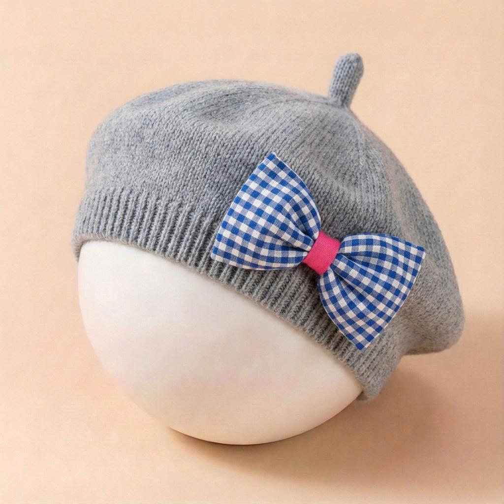 New Baby Plaid Bow Beret Knitted Hat, Direct Factory Sale, Children s Bow Beret Hat Polyester/Cotton