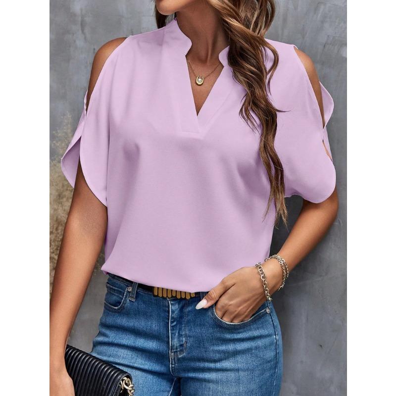Women's summer new solid color V-neck temperament fashion off-the-shoulder sleeves women's top