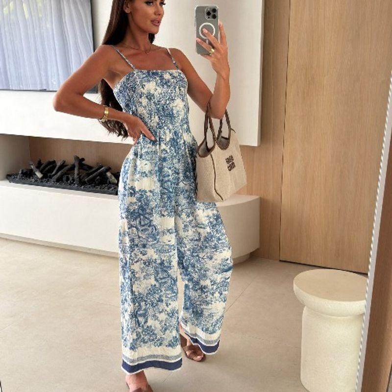 

Европейский и американский новый принт с открытыми плечами воротник облегающий талию карман модный комбинезон-слинг укороченные брюки комбинезоны Sky Blue L