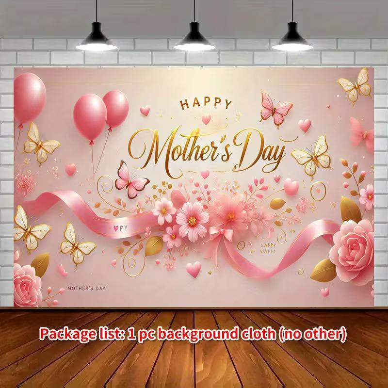 

2D Mother s Day Polyester Backdrop, Pink Floral & Butterfly Happy Mother s Day Background for Party Decor 47.2x31.5inch/120*80cm