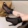 Sandalias Mujer  New Summer Short Boots Hollow Lace-up Mesh Peep Toe Thin Heel High Heels Dance Party Sandals Women Large 43