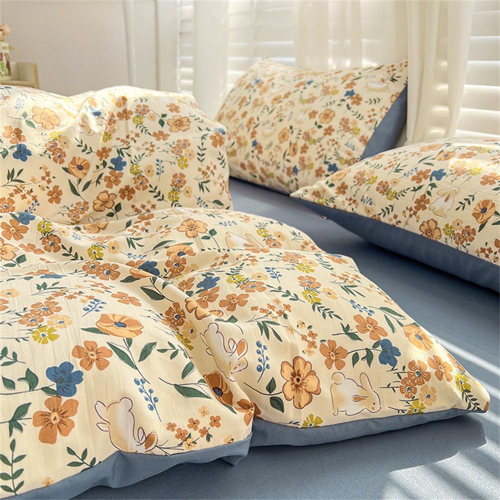 Four-piece Bedding Set Simple Duvet Cover Plant Flower Bed Sheet Adults and Kids Washed Cotton Pillowcase Home Textiles