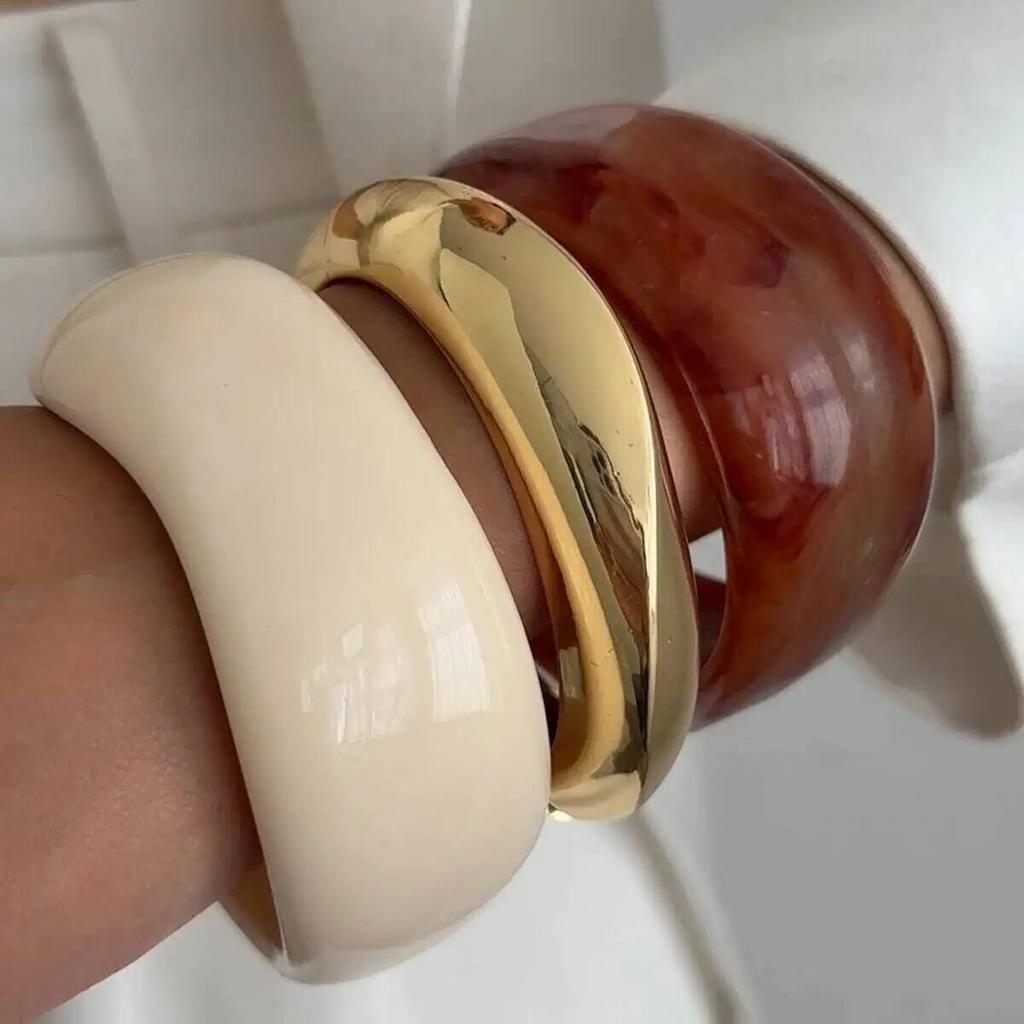 IngeSight.Z 3 Styles Punk Irregular Wide Chunky Resin Acrylic Smudging Bangle Women Geometric Spring Metal Bracelet Jewelry Gift
