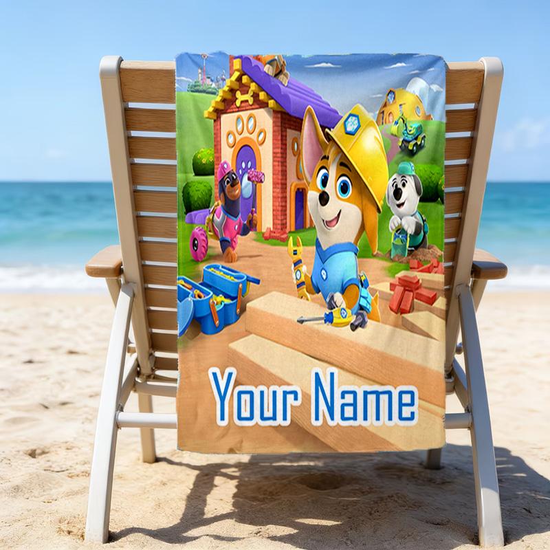 1pc Pupstruction Beach Towel with Custom Name, Beach/Swimming/Bath/Picnic/Camping Towel, Suitable for Seaside Beaches