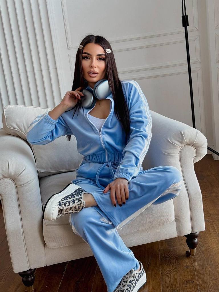 European and American velvet color matching two-piece set stand-up collar zipper jacket drawstring three bars wide-leg pants set women