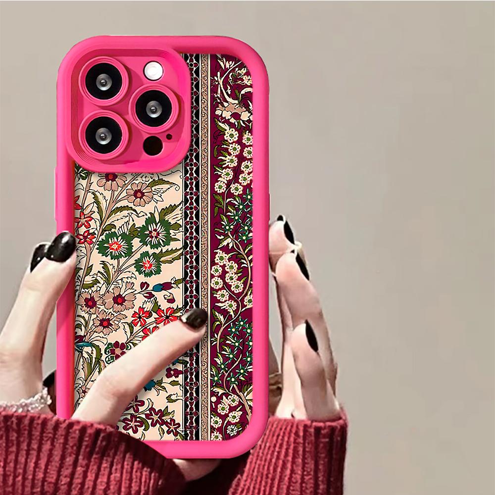 

Богемный Красный Цветочный Полосатый Защитный Чехол Для iPhone 17 16 E 15 14 13 12 11 Pro Max Plus Алмазный Жесткий Чехол с Защитой Камеры iPhone SE
